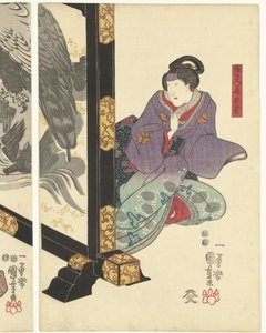 Kolme näyttelijää taittuvalla valkokankaalla tekijältä Utagawa Kuniyoshi