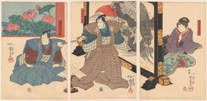 Kolme näyttelijää taittuvalla valkokankaalla tekijältä Utagawa Kuniyoshi