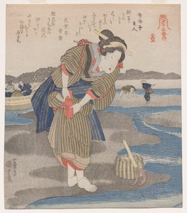 Nainen kiinnittää hameensa; sarjasta Five Pictures of Low Tide tekijältä Utagawa Kuniyoshi