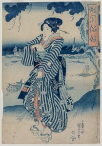 Geisha seisoo Sumida-joen rannalla..., 1830-luvun alku. tekijältä Utagawa Kuniyoshi