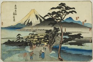 Hara, Yoshiwara ja Kanbara sarjasta "Kuuluisia paikkoja Tokaidon 53 asemalla, kolme asemaa (Tokaido gojusan eki sanshuku meisho)" tekijältä Utagawa Kuniyoshi