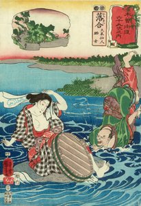 Kume Sennin putoaa jokeen nähdessään paljain rintojen naisen kyyryssä kivellä, Station 45, julkaisija Hayashi Shoehi (värillinen puupainatus) tekijältä Utagawa Kuniyoshi