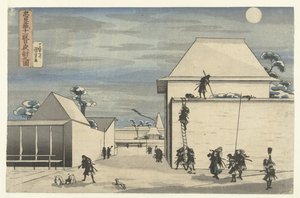 Night Attack Chushingura-näytelmän yhdestätoista Chushingura juichidanme youchi no zu (otsikko esineessä) tekijältä Utagawa Kuniyoshi
