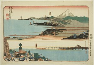 Nihonbashi, Shinagawa, Kawasaki ja Kanagawa sarjasta "Famous Places on the Fifty-3 Station of the Tokaido, Four Station (Tokaido gojusan eki yonshuku meisho)" tekijältä Utagawa Kuniyoshi
