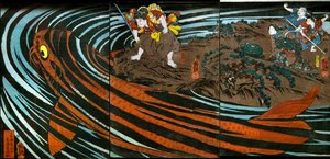 Oniwaka-maru hyökkäämässä hirviömäistä karppia vastaan tekijältä Utagawa Kuniyoshi