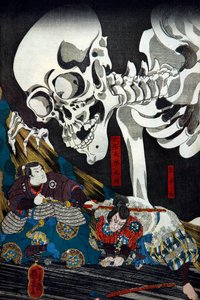 Prinsessa Takiyasha kutsuu hirviömäisen luuranko-aakelun Sōman vanhassa palatsissa, n. 1845-46 tekijältä Utagawa Kuniyoshi
