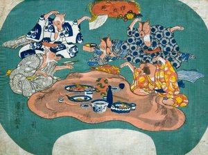 Racoon Dog and Fox at Play (Tanuki to kitsune no asobi), n.1842 tekijältä Utagawa Kuniyoshi