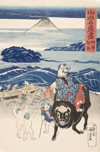 Sagami: kalastaja purkamassa boniittisaalista tekijältä Utagawa Kuniyoshi