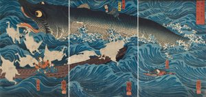 Figuuri, joka pelastaa Tametomon Sanukin jäsenten kautta, 1851. tekijältä Utagawa Kuniyoshi