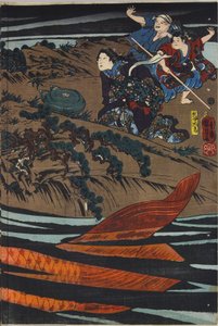 Arkki värillisestä puupalikkakuvioisesta triptyykistä, joka kuvaa Oniwaka-marua (tuleva Musashibo Benkei) hyökkäämässä jättiläiskarppia vastaan, joka söi hänen äitinsä: Japani, Edo, kirjoittanut Utagawa Kuniyoshi, n. 1845 tekijältä Utagawa Kuniyoshi