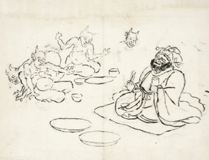 Luonnos demoneista viihdyttämässä helvetin kuningasta tekijältä Utagawa Kuniyoshi