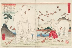 Taishun kaivaa peltoa norsujen ja varpusparven avulla, signeerattu Ichiyusai Kuniyoshi ga, n. 1843 (värillinen puupainatus) tekijältä Utagawa Kuniyoshi