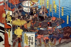 Takeda Shingen murskaa Suwa Yorishigen voimat (Takeda Shingen Suwa Yorishige no jinchū o uchi-kuzusu zu), n. 1850-51 tekijältä Utagawa Kuniyoshi