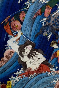 Tamatori-hime Pyhän jalokiven varastaminen lohikäärmepalatsista (Ryūgu Tamatori-hime no zu) tekijältä Utagawa Kuniyoshi