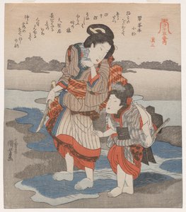 Nainen ja lapsi; sarjasta Five Pictures of Low Tide tekijältä Utagawa Kuniyoshi