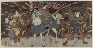 Kolme näyttelijää samuraiden Wadai Yoshimorin, Tomoe Gozenin ja Yamabukin rooleissa... tekijältä Utagawa Kuniyoshi