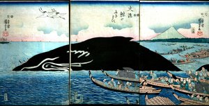 Ihmisjoukko vangitun valaan ympärillä tekijältä Utagawa Kuniyoshi