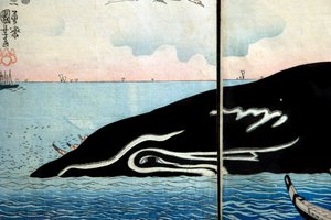 Ihmisjoukko vangitun valaan ympärillä tekijältä Utagawa Kuniyoshi