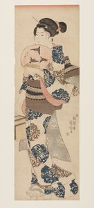 Nainen tuulettimen ja hyönteishäkin kanssa (värillinen puupalikkaprintti) tekijältä Utagawa Kuniyoshi