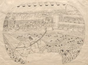 Suunnittelu Kabuki-teatterin viuhkamaiseen printtiin tekijältä Utagawa Sadahide