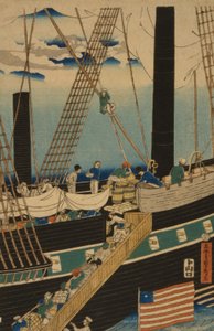 Länsikauppiaat lastaamassa rahtia Yokohamassa, 1861 tekijältä Utagawa Sadahide