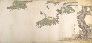 Kurki ja heidän poikansa pesässään männyn oksissa, n. 1790. tekijältä Utagawa Toyoharu