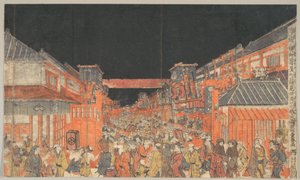 Kuva Sakai-chon ja Fukiya-chon kaomise-teatteriesityksistä tekijältä Utagawa Toyoharu