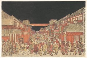 Kuva Kaomise-teatteriesityksestä Sakaichōssa ja Fukiyachōssa tekijältä Utagawa Toyoharu