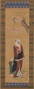 Nainen ja lapsi kirsikkapuun alla, 1700-luvun loppu - 1800-luvun alku. tekijältä Utagawa Toyohiro