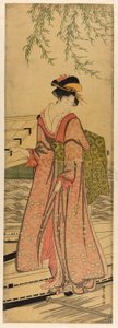 Nuori nainen astumassa ulos veneestä tekijältä Utagawa Toyohiro