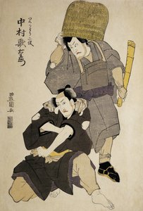 Lähikuva kahdesta kabuki-näyttelijästä esiintymässä tekijältä Utagawa Toyokuni