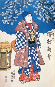Japanilainen näyttelijä kimonossa ja omenakukilla koristeltu tausta, Utagawa Toyokuni, puupiirros tekijältä Utagawa Toyokuni