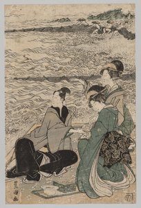 Mies ja kaksi naista meren rannalla, 1769-1825. tekijältä Utagawa Toyokuni