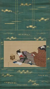 Nainen lämmittelee "kotatsun" ääressä tekijältä Utagawa Toyokuni