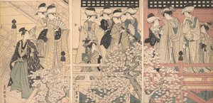 Kauneutta verannalla kirsikankukkien keskellä, josta samurai on lähdössä, n. 1800. tekijältä Utagawa Toyokuni I