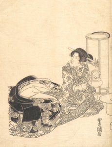 Kurtisaani tai näyttelijä kurtisaanina kaatamassa teetä lyhdyn valossa. tekijältä Utagawa Toyokuni I