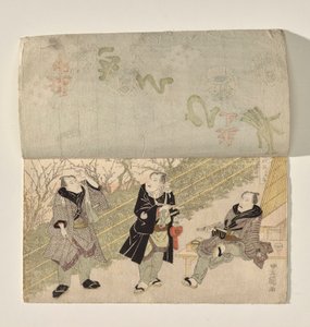 Kabuki-lava verhojen nostolla paljastaa kolme kabuki-näyttelijää tekijältä Utagawa Toyokuni I