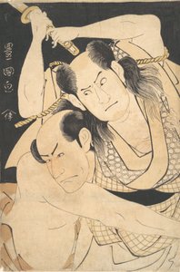 Näyttelijät Sawamura Sojuro III pitelevät Sword Aloftia ja Arashi Shichigoro III Fightina..., n. 1798. tekijältä Utagawa Toyokuni I