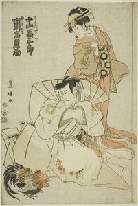 Näyttelijät Ichikawa Komazo III Akuhachiro Tokikagena ja Nakayama Tomisaburo I Yushidena, Rokurozaemonin sisarena näytelmässä "Hana to Mimasu Yoshino no Miyuki", esitettiin Nakamura-teatterissa yhdestoista kuukaudessa 1798. tekijältä Utagawa Toyokuni I
