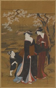 Kolme naista kukkivan kirsikkapuun alla merenrannalla, 1769-1825. tekijältä Utagawa Toyokuni I