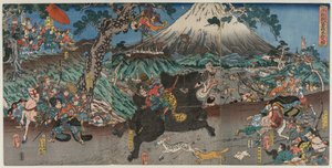 Kuva Minamoto no Yoritomon metsästämisestä Fuji-vuoren rinteillä
