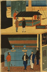Amerikkalainen höyrylaiva, jossa matkustajaryhmä kannen alla ja toimintaa kannella tekijältä Utagawa Yoshikazu