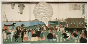 Ilmapallolento Amerikassa, pubi. 1865 (käsinvärinen puupiirros) tekijältä Utagawa Yoshitora