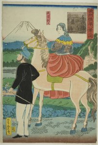 Englanti katsomassa laskeutuvia hanhia Yoshida-sillalla (Yoshida-bashi no rakugan, Igirisujin) sarjasta "Kahdeksan näkymää Yokohamasta Musashinon maakunnassa (Bushu Yokohama hakkei no uchi)" tekijältä Utagawa Yoshitora