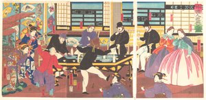 Ulkomaalaiset nauttivat juhlista, 1. kuukausi, 1861. tekijältä Utagawa Yoshitora