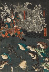 Nikushi the Frog Spirit loihtii taianomaisen sammakkotaistelun Tateyamassa Etchun maakunnassa, 1864 tekijältä Utagawa Yoshitora