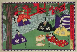 Kohtaus kabuki-näytelmän 1. näytöksestä "Kanadehon Chushingura", tarina kostosta, joka perustuu neljäkymmentäseitsemän ronin-tapaukseen vuonna 1703, n. 1870 (värillinen puupainatus) tekijältä Utagawa Yoshitora