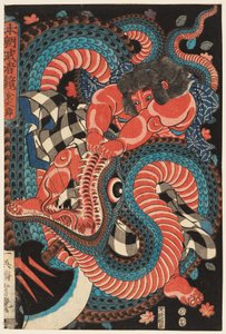 Kintarō kamppailee käärmeen kanssa tekijältä Utagawa Yoshituya