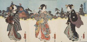 Kohtaus Murasaki Shibukun (s. 978) elokuvasta Genji monogatari (Tale of Genji) c. 1860 (värillinen puupainatus) tekijältä Utagawa and Toyokuni Kuniyoshi