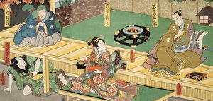 Kohtaus Murasaki Shibukun (s. 978) elokuvasta Genji monogatari (Tale of Genji) c. 1860 (värillinen puupainatus) tekijältä Utagawa and Toyokuni Kuniyoshi